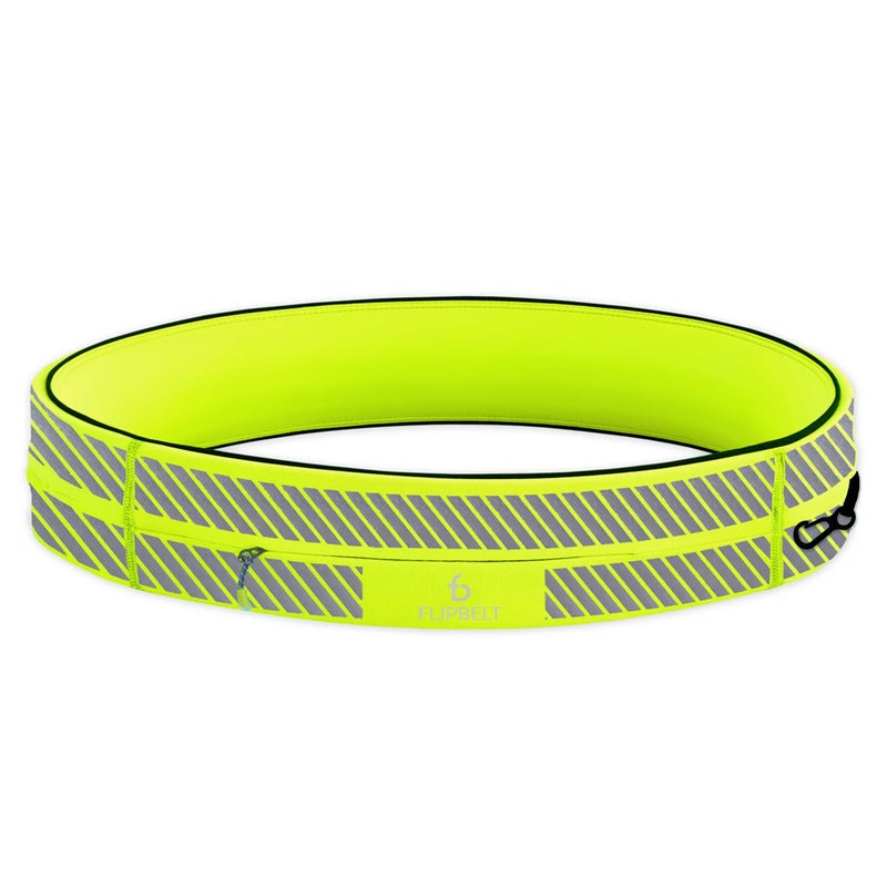 FlipBelt حزام فليب بيلت الكلاسيكي للجري للهاتف والإكسسوارات الصغيرة، حقيبة خصر للتمارين للنساء والرجال، L، أصفر نيون عاكس - Image 1